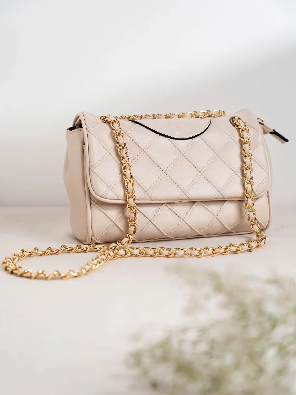 Amazing Value Women Beige Structured Chain Sling Bag with Quilted Texture