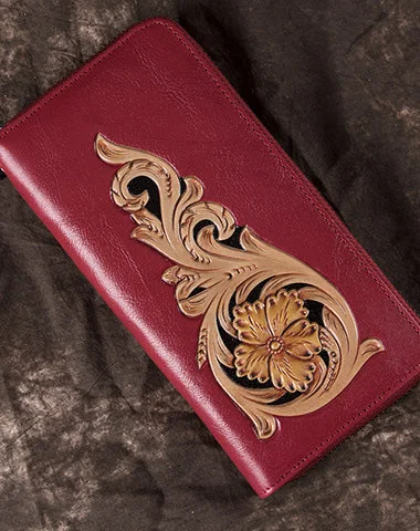Online Only Handmade Floral Red Leather Wristlet Wallet Womens Zip Around Wallets Flowers Ladies Zipper Clutch Wallet for Women