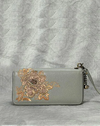 Online Specials Peony Embroidery Gray Leather Peony Wristlet Wallet Womens Zip Around Wallets Flowers Peony Ladies Zipper Clutch Wallet for Women