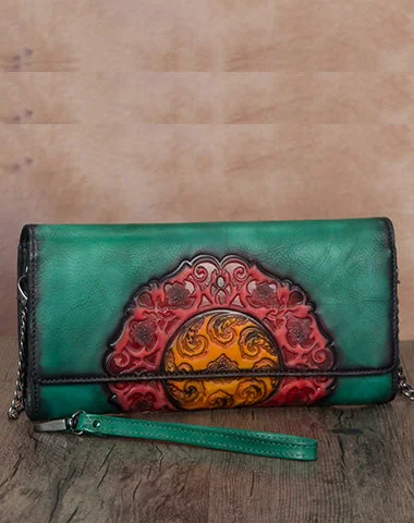 Now or Never Vintage Floral Green Leather Wristlet Wallet Womens Floral Shoulder Wallet Purse Zip Purse Chain Shoulder Bag for Women