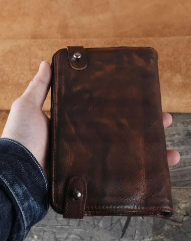 Best Seller Handmade Leather Mens Cool Long Leather Wallet Bifold Clutch Wallet for Men