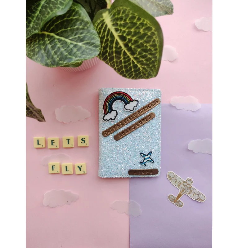 Big Savings Personalised  Baby Blue Glitter Passport Cover